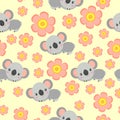 Seamless pattern with koala babies and pink flowers. Yellow background. Floral ornament. Flat ÃÂartoon style. Cute and funny